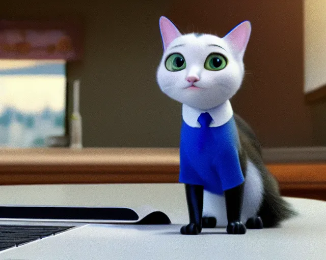 Image similar to business kitty, still from a new pixar movie