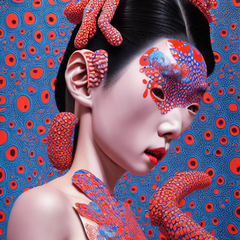 Image similar to hyperrealistic detailed image of a geisha in a art installation room, hd smooth interior by yayoi kusama, part by kei mieno, part by ross tran, dark art by james jean, ultra realistic, highly detailed, life like face, detailed body, 8 k, 3 d render by roger magrini, masterpiece