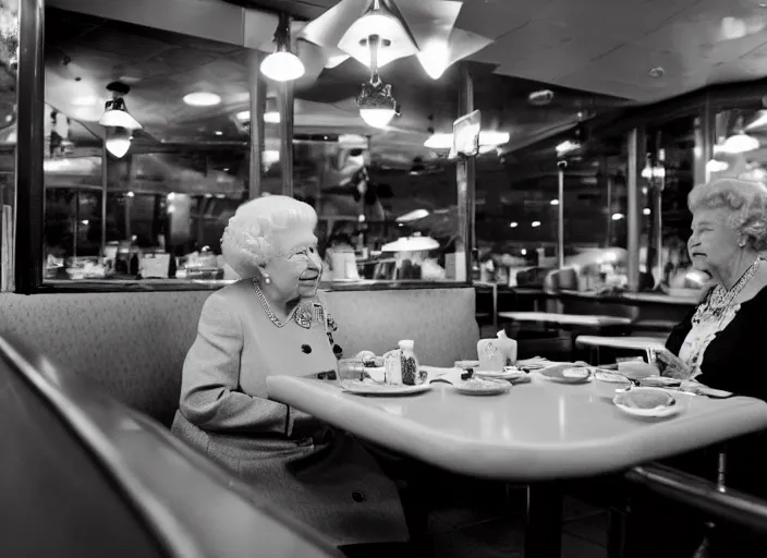 Prompt: Professional Photography, Queen Elizabeth dines alone at a diner at night