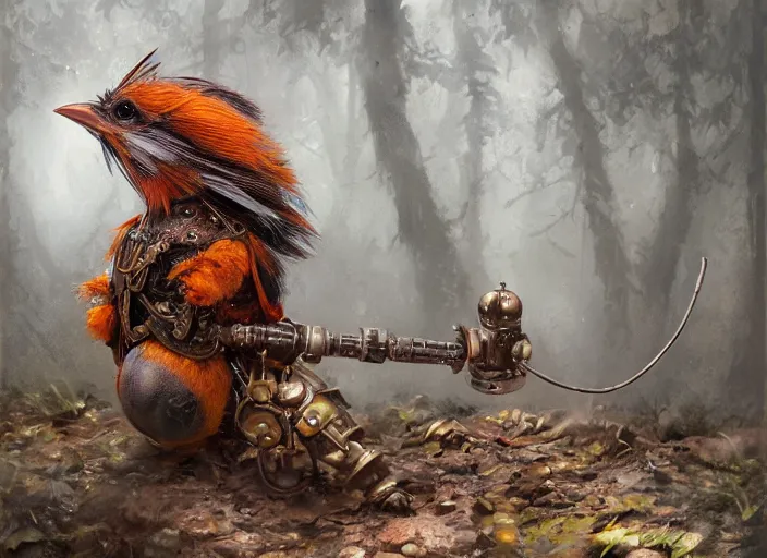 Image similar to ashigaru steampunk - inspired feathered mouse, colorful plumage, lacquered armor, cute but determined, hard focus, art station, by jessica rossier and brian froud, cinematic fantasy painting, orange grey white, in a woodland glade