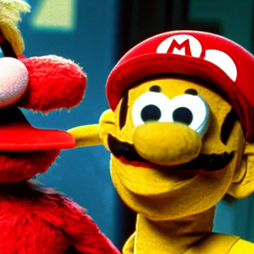 Image similar to mario as a friendly puppet, puppet by jim henson, still from sesame street, 4 k extremely detailed photography