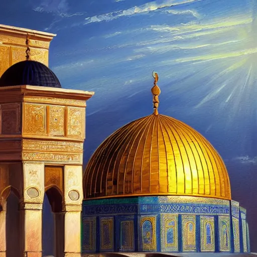 Image similar to a beautiful oil painting flyer design illustration of dome of the rock jerusalem and a muslim is praying to god in front of it, rule of thirds, sunset, highly detailed, perfect lighting, perfect composition, 4 k, artgerm, derek zabrocki, greg rutkowski - h 7 6 8