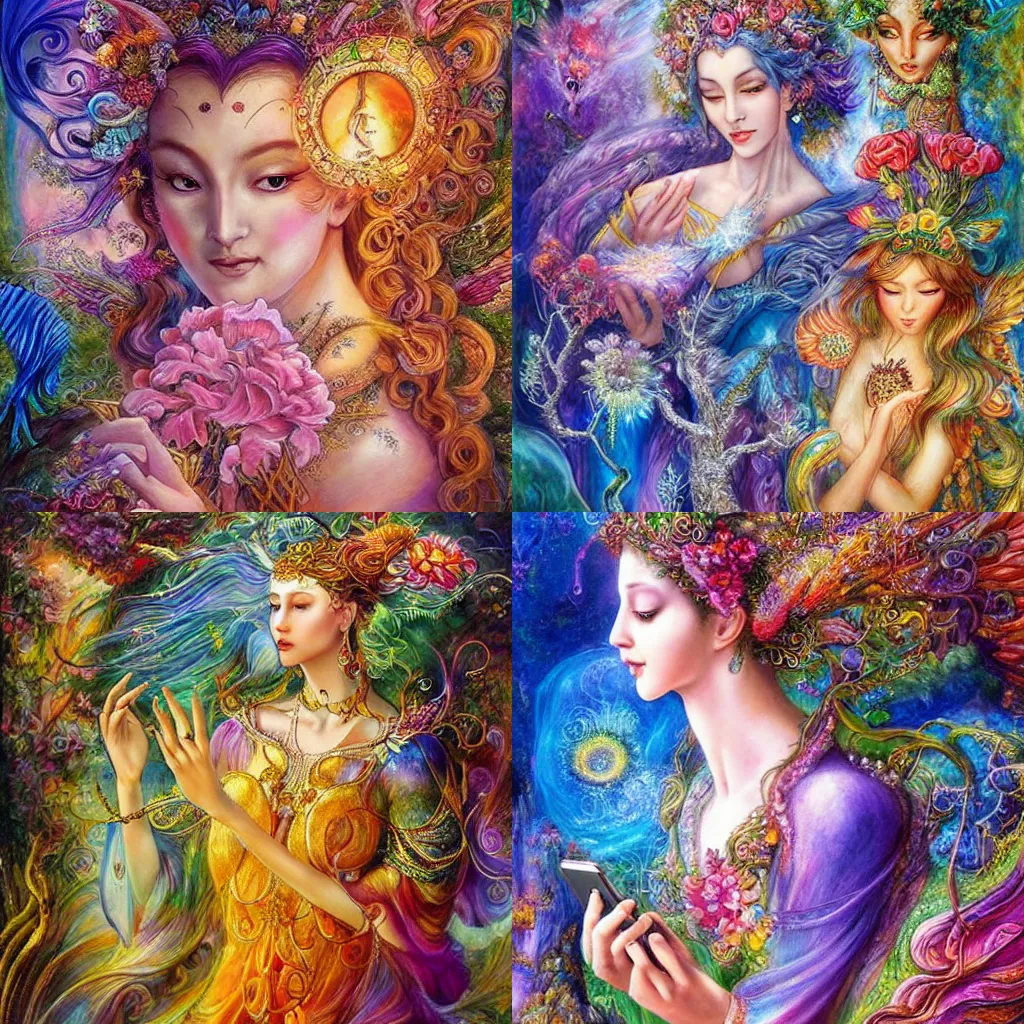 Prompt: fantasy nature goddess checking her phone, art by josephine wall, magic realism, art by huang guangjian, art by amanda sage, viktoria gavrilenko