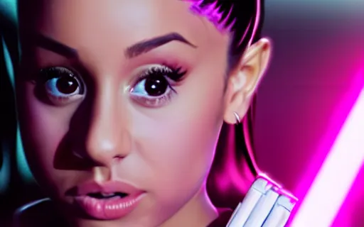 Image similar to A hyper realistic photo of Ariana Grande in the Star Wars universe with two pink lightsabers. Maximum detail on artstation, photo realism