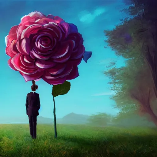 Image similar to portrait, giant rose flower head, girl walking in a suit, surreal photography, sunrise, blue sky, dramatic light, impressionist painting, digital painting, artstation, simon stalenhag