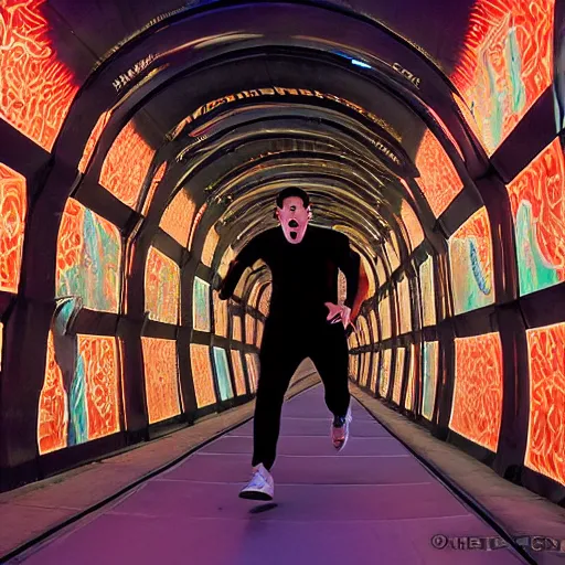 Image similar to terrified young man in a straightjacket running toward you in the Bund Sightseeing Tunnel, Shanghai, China by Alex Grey and Jeffrey Smith