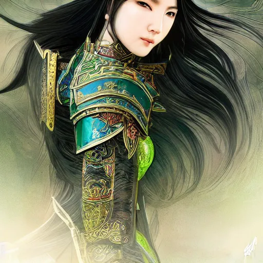 Image similar to portrait black hair young knights of Dynasty Warriors girl, metallic green armor, in ruin fire chinese palace sunrise, ssci-fi and fantasy, intricate and very beautiful and elegant, highly detailed, digital painting, soft light, artstation, concept art, smooth and sharp focus, illustration, art by tian zi and WLOP and alphonse mucha