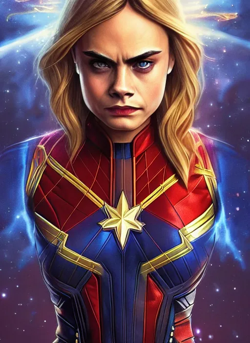 Image similar to beautiful cara delevingne as captain marvel, fantasy, intricate, elegant, highly detailed, digital painting, artstation, concept art, smooth, sharp focus, illustration, art by artgerm and greg rutkowski and alphonse mucha