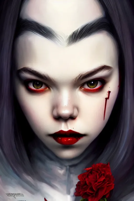 Prompt: anya taylor - joy vampire queen, hyper detailed, digital art, trending in artstation, cinematic lighting, studio quality, smooth render, artgerm, joshua middleton, rafael albuquerque, unreal engine 5 rendered, octane rendered, art style by klimt and nixeu and ian sprigger and wlop and krenz cushart