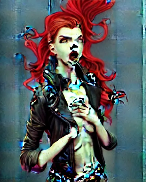 Image similar to rafael albuquerque comic art, art nouveau, peter mohrbacher, artgerm, pretty anya taylor - joy vampire sharp vampire teeth open mouth, black leather jacket, jeans, long blonde hair, full body