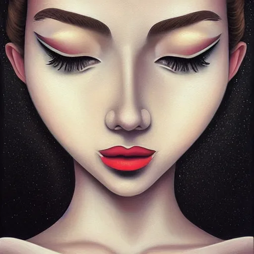 Image similar to a painting of a beautiful woman, an ultrafine detailed painting by rafal olbinski, behance contest winner, pop surrealism, detailed painting, very detailed, minimalist, airbrush art