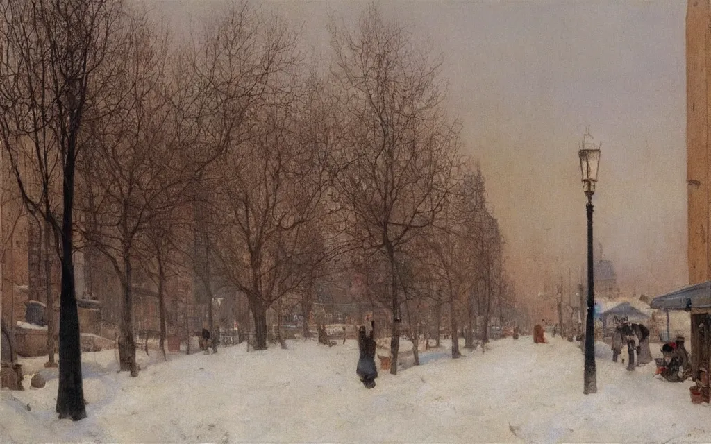 Prompt: a painting of a street in winter, pale sun, mist, oil on canvas, by carl larsson