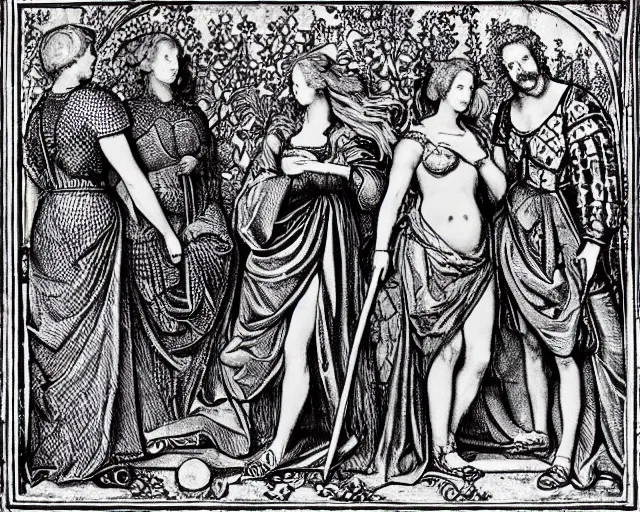 Prompt: lancelot and the four queens by william morris, monochrome,