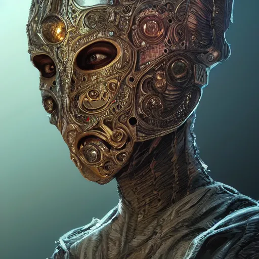 Image similar to Very very very very highly detailed epic photo of face with venetian mask, intricate, dystopian, sci-fi, extremely detailed, digital painting, artstation, concept art, smooth, sharp focus, illustration, intimidating lighting, incredible art by Artgerm and Vincent di Fate