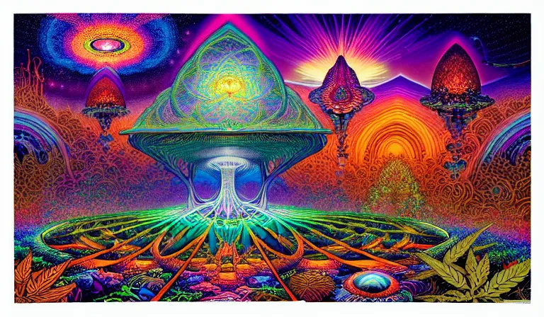 Image similar to an expansive rendering of beautiful and complex interwoven spiritual connection between all beings by dan mumford, by jim fitzpatrick, by joe wilson, by jim burns, by victo ngai, by jacek yerka, surrounded with colorful magic mushrooms and rainbowcolored marihuana leaves, insanely integrate, featured on deviant art, trending on artstation