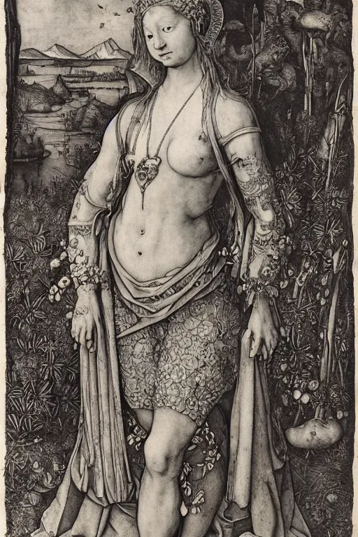 Prompt: albrecht durer, albrecht altdorfer, hans holbein, lucas cranach, gustave dore, engraving-style tattoo of regal female boddhisatva with the attributes of Diana, Athena, Guanyin, Shakti, Deborah, and Seshat, wearing a robe, standing gracefully upon a lotus, surrounded by egrets and northern wetland flora