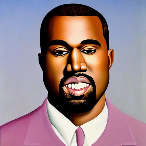 Image similar to beautiful portrait of kanye west smiling. painted by rene magritte, 1 9 2 7. oil on canvas.