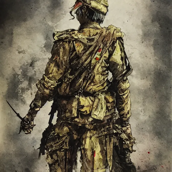 Image similar to lone burmese warrior, painting, by greg ruthowski, yoshikata amano, yoji shinkawa, alphonse murac, collaborative artwork, beautifully drawn, heavily detailed