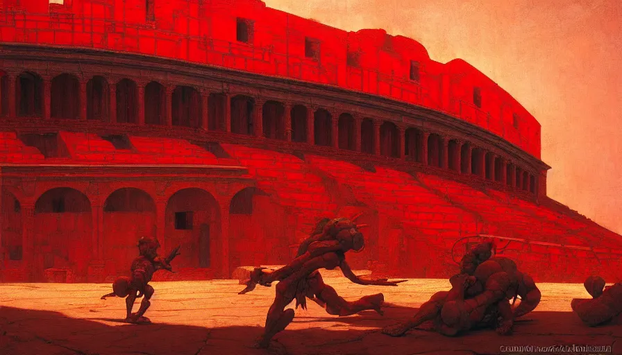 Image similar to only with red, a lightly armored gladiator in a crowded roman amphitheatre, crowd cheering, in the style of beksinski and edward hopper and rodcenko and yue minjun and cory loftis, intricate and epic composition, red by caravaggio, highly detailed, masterpiece, red light, artstation, art nouveau