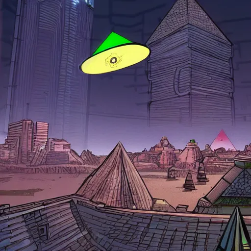 Prompt: flying saucer with a pyramid top shooting at a cyberpunk city, very detailed, realistic, many colors, art by invincible,