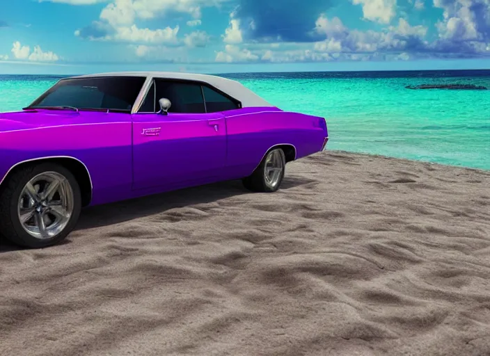 Image similar to hyperrealism, detailed textures, photorealistic 3 d render, a dreamy beach in cuba, a 1 9 7 0 hemi charger with plum crazy purple colour scheme, mickey thompson tires, centrerline rims, sharp focus, ultra realistic, ultra high pixel detail, cinematic, intricate, cinematic light, concept art, illustration, art station, unreal engine 8 k