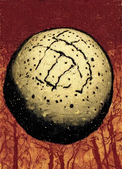 Prompt: an extreme close - up portrait of a spherical bread with face on it on a path in forest, by billy childish, thick visible brush strokes, shadowy landscape painting in the background by beal gifford, vintage postcard illustration, minimalist cover art by mitchell hooks