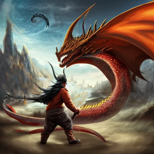 Image similar to A guy fighting a dragon, digital art,