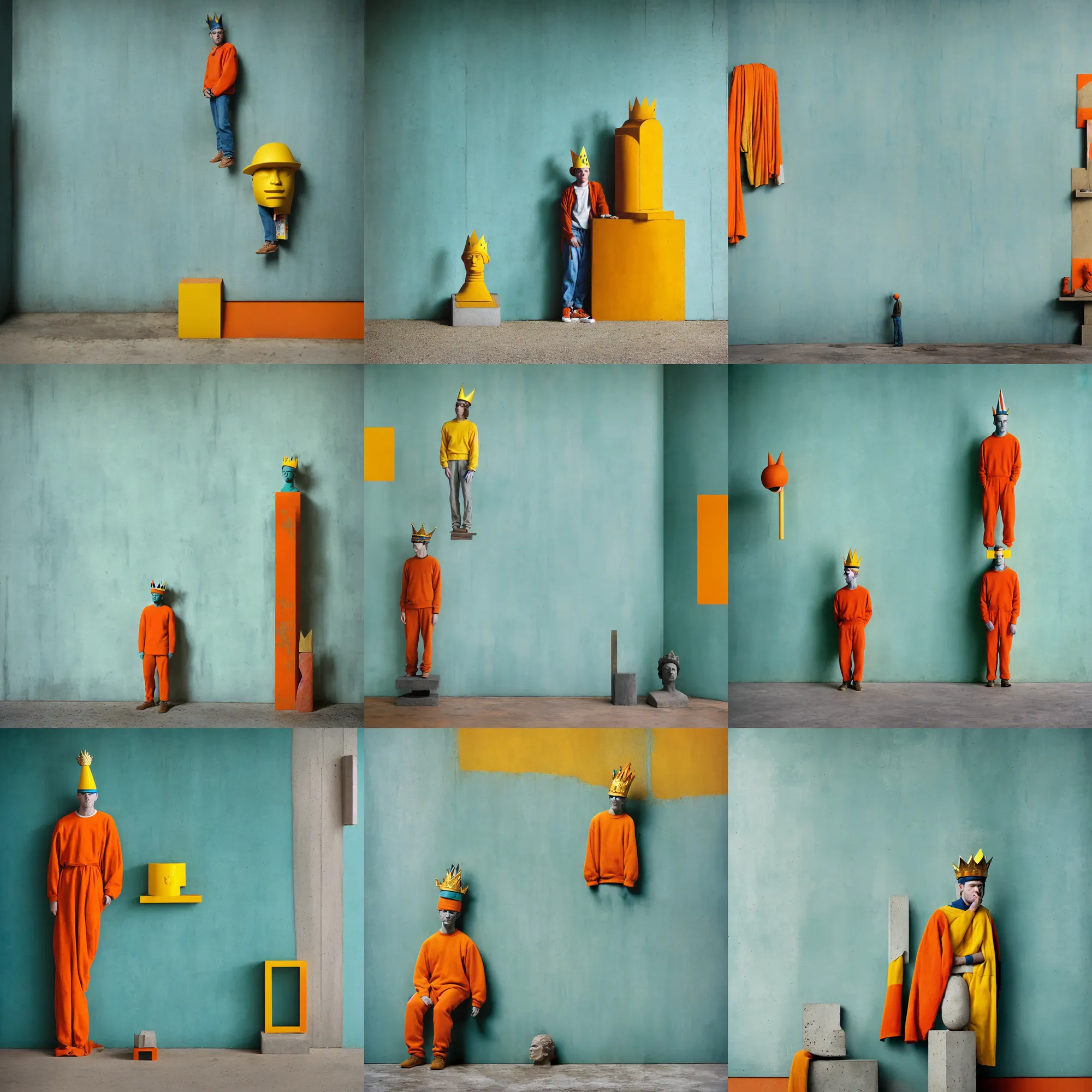 Image similar to kodak portra 4 0 0, 8 k, shot of a highly detailed, britt marling style, colour still - life portrait of a large minimalistic room, rough concrete walls, a single rough carved wooden teal and orange striped coloured statue is standing on a concrete podest with a yellow crown on his head, muted colours