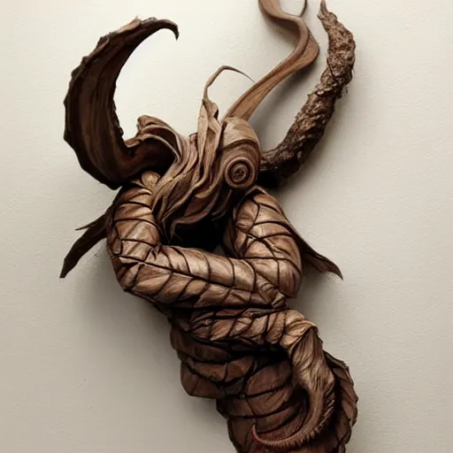 Image similar to angelarium, illithid, cthulhu, wooden sculpture by ellen jewett