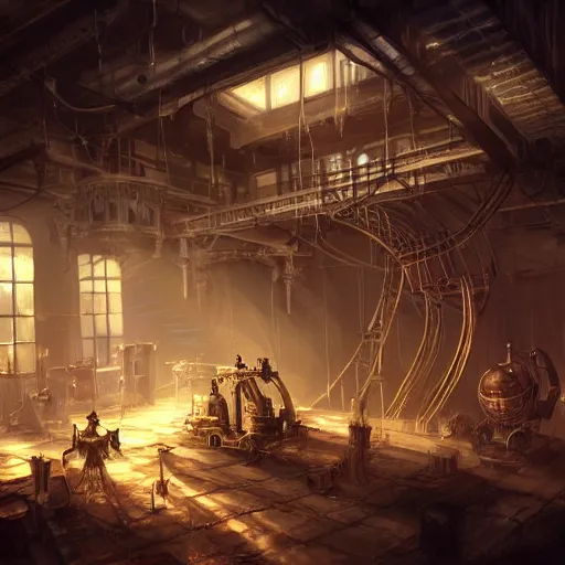 Prompt: a busy underground steampunk workshop, light shafts coming through windows, volumetric lightning, concept art, steampunk, fantasy, mechanical