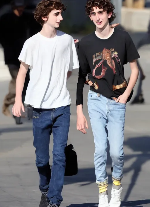Prompt: photo of Timothee Chalamet walking in LA with his taller & muscular boyfriend