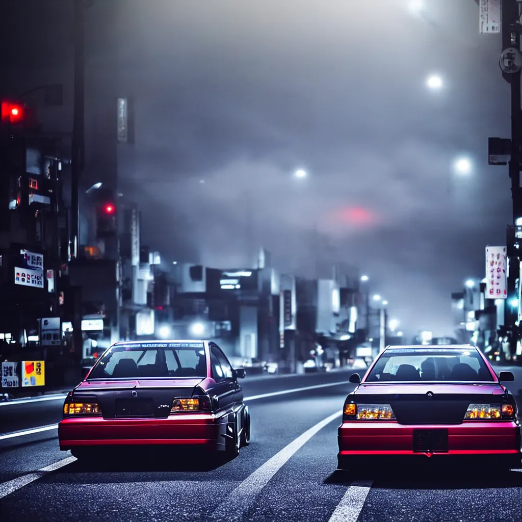 Prompt: a single car JZX100 twin turbo drift in the road, Tokyo prefecture, Japanese architecture, city sunset mist lights, cinematic lighting, photorealistic, detailed alloy wheels, highly detailed car