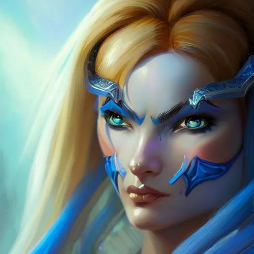 Prompt: a portrait of a very beautiful female mage in armor warcraft style armor, blue hair, bored, illustration, soft lighting, soft details, painting oil on canvas by mark arian by artgerm, trending on artstation, 4k, 8k, HD