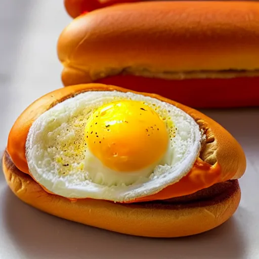 Prompt: a hotdog bun with eggs inside of it