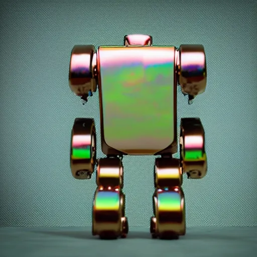 Prompt: iridescent metal retro robot made out of simple geometric shapes. tilt shift photography. award winning