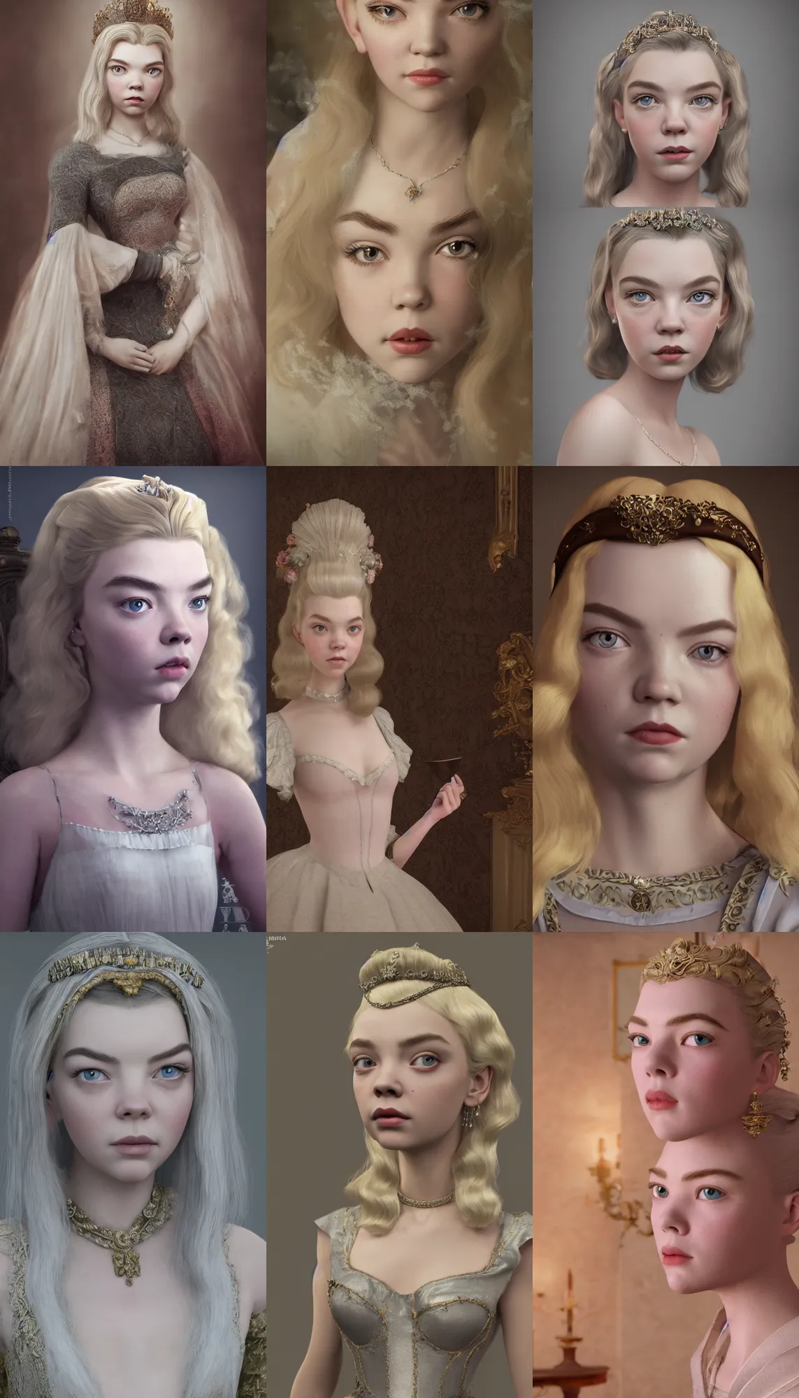 Prompt: a blonde mix of eastern anya taylor - joy and audry hepburn, tiara, 1 8 th century manor, hyperrealism photorealism, 8 k, hdr, unreal engine 5, octane render, photorealistic, extremely detailed, intricate, in the style of mark ryden, lostfish, earl nore, hyung tae, frank frazetta