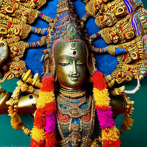 Image similar to a woman wearing an armor and head - dress. the armor and head - dress is made out of the colors, textures and sculptures of the meenakshi temple in madurai. intricate. detailed.