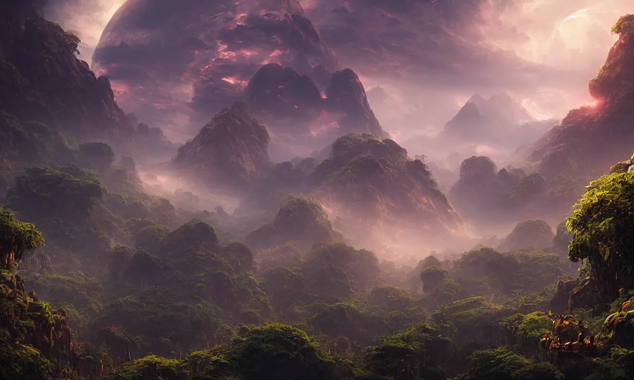 Image similar to jungle covered planet with mountains in clouds on the background, science-fiction, cinematic lighting, cinematic angle, Guillem H. Pongiluppi, Sviatoslav Gerasimchuk, Federico Pelat, dusk