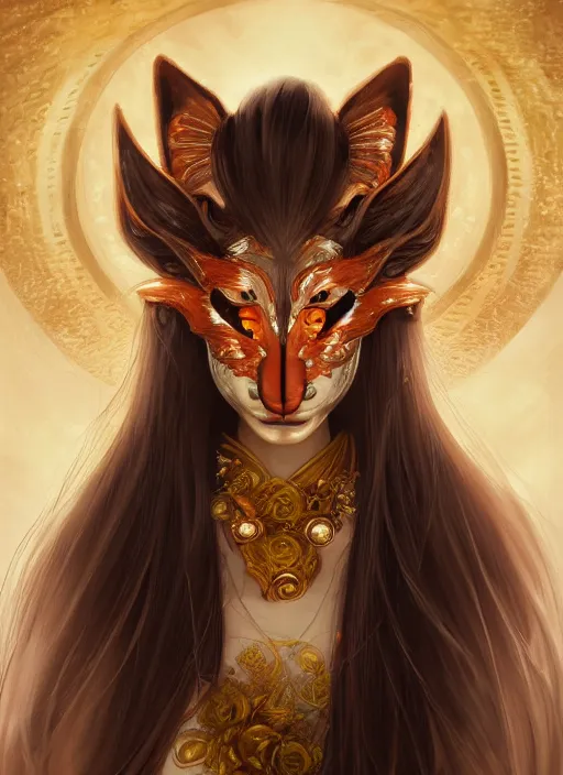 Image similar to a beautiful detailed oil on copper art illustration of a japanese kitsune mask woman, centered, by charlie bowater, zeng fanzh, trending on artstation, dim dusk lighting, cinematic lighting, detailed lighting, volumetric lighting, realistic, f 8, 4 k hd wallpaper