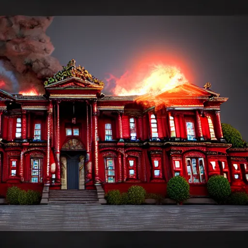 Image similar to A photorealistic 3d render of Invincible Mark Grayson, Volume, Full, ominous, magical realism, texture, intricate, ornate, royally decorated, android format, windows, many doors, roofs, complete house , whirling smoke, embers, red adornments, red torn fabric, radiant colors, fantasy, trending on artstation, volumetric lighting, micro details, 3d sculpture, ray tracing, 8k