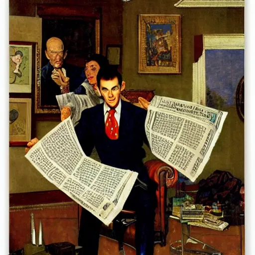 Prompt: a thin vampire wearing a suit reads a newspaper in the living room, painted by norman rockwell and tom lovell and frank schoonover