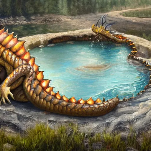 Image similar to highly detailed oil painting of a dragon resting in a hotspring at yellowstone national park, featured on artstation