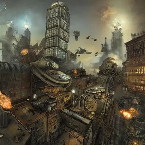 Image similar to steampunk city, war, space, future, ultra realistic
