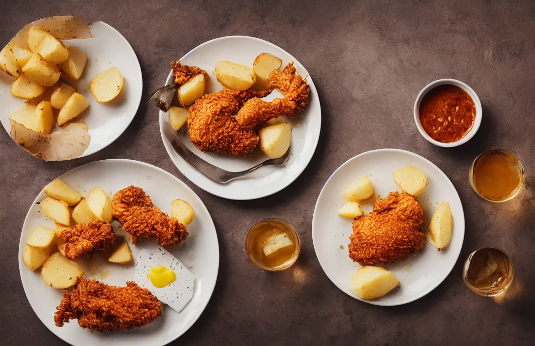 Prompt: KFC chicken on a plate, side of potatoes, food photography, award winning, Michelin restaurant