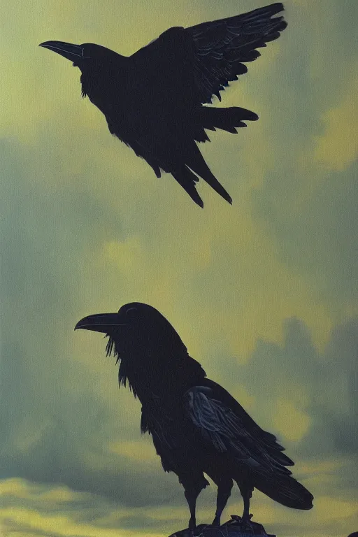 Prompt: a raven investigating 8 0 s era technology, vintage shapes, retro technology, sylvan color, wayne barlow, oil on canvas, deep depth of field, masterpiece, cinematic composition, hyperdetailed