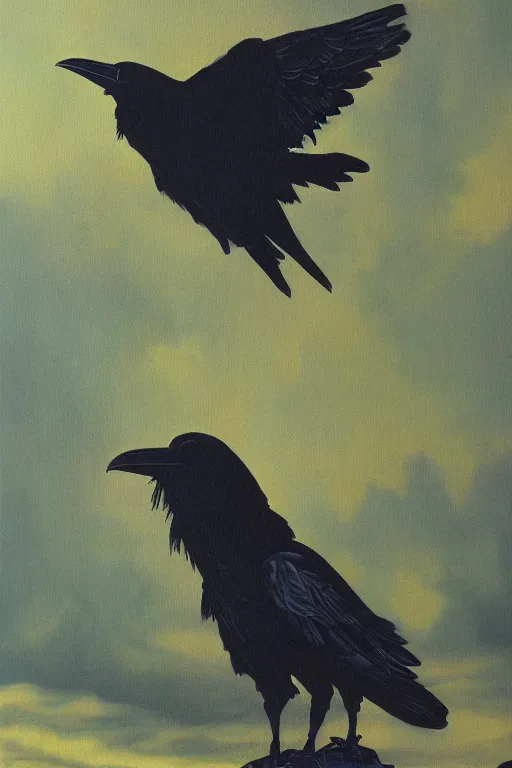 Image similar to a raven investigating 8 0 s era technology, vintage shapes, retro technology, sylvan color, wayne barlow, oil on canvas, deep depth of field, masterpiece, cinematic composition, hyperdetailed