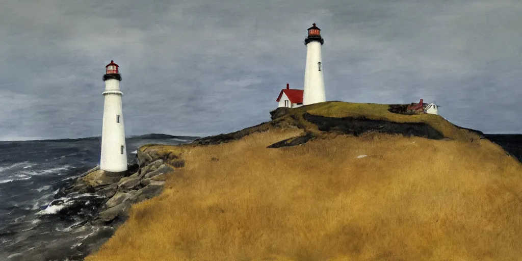 Image similar to a painting by Andrew Wyeth, lighthouse and house in front of the sea, artstation