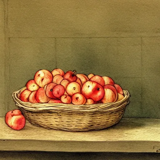 Prompt: a painting of a basket of apples and a can of yogurt, a still life by Beatrix Potter, featured on deviantart, naive art, storybook illustration, watercolor, photoillustration