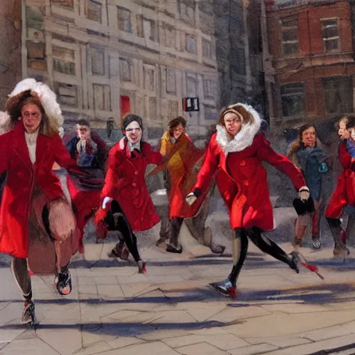 Prompt: sprinting women, wearing red coats, by jon foster