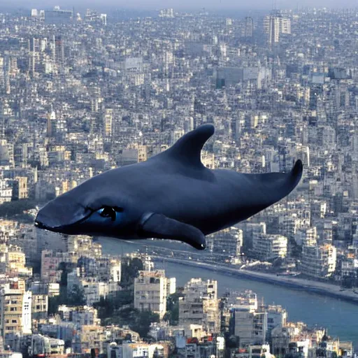 Image similar to A flying Whale above the city of Tel Aviv